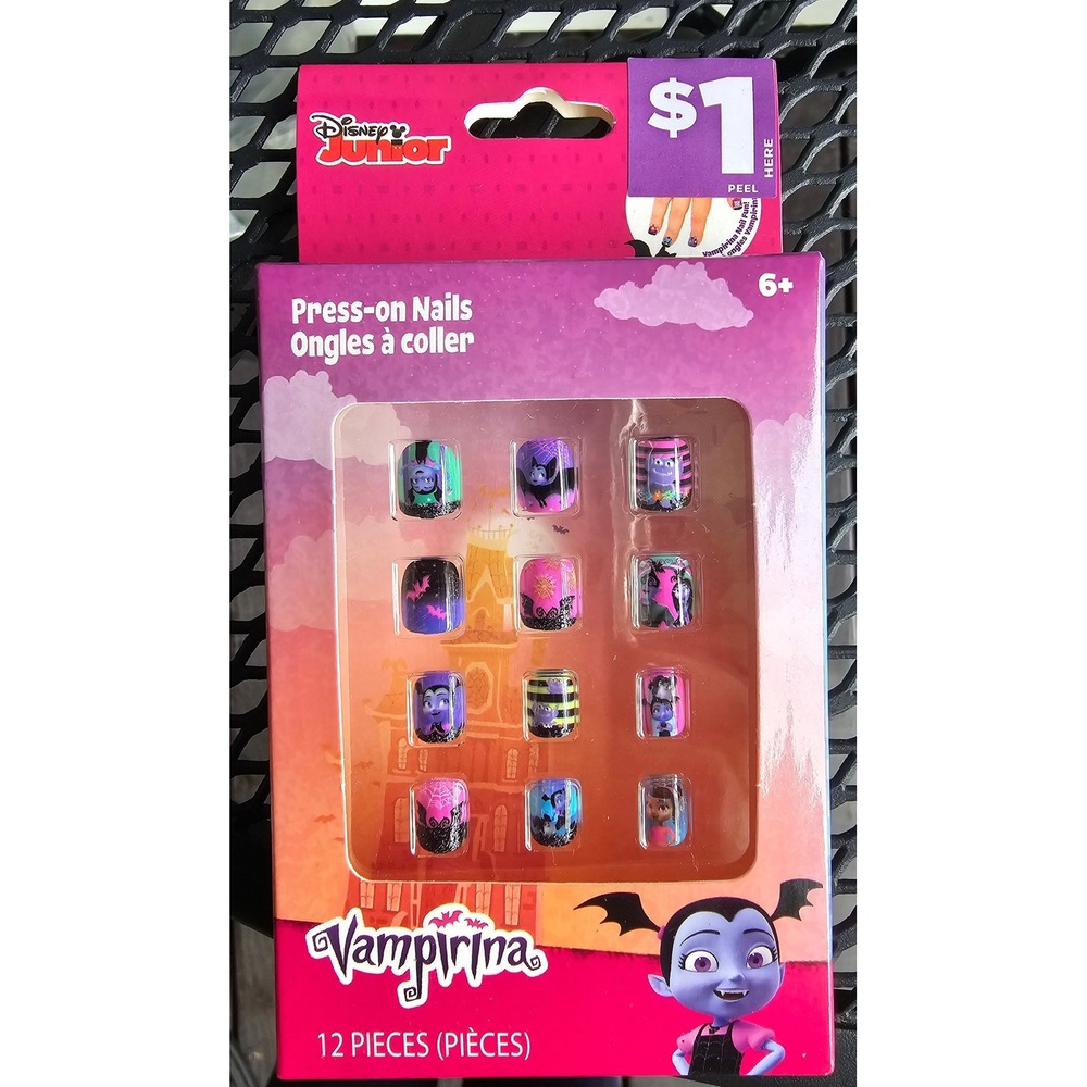 Disney Junior Vampirina Press-On Nails 12pc Kids Fake Nail Set Purple Pink New